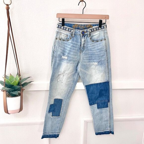 Desigual Exotic Olga Distressed Patchwork Blue Denim Jeans Size 26 - Picture 2 of 4